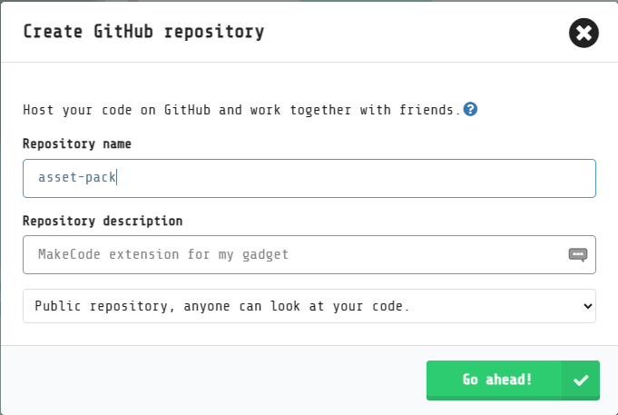 Figure two. Screenshot of MakeCode Arcade creating a GitHub repository.