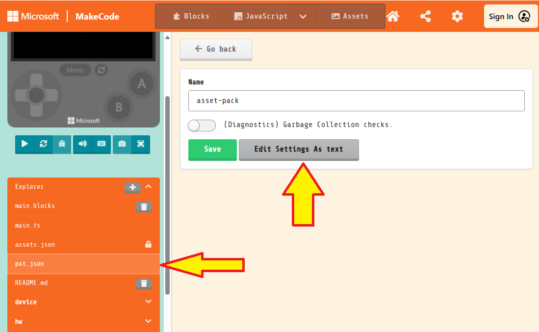 Figure seven. Screenshot of MakeCode Arcade with the project editor open. The `pxt.json` file is selected.