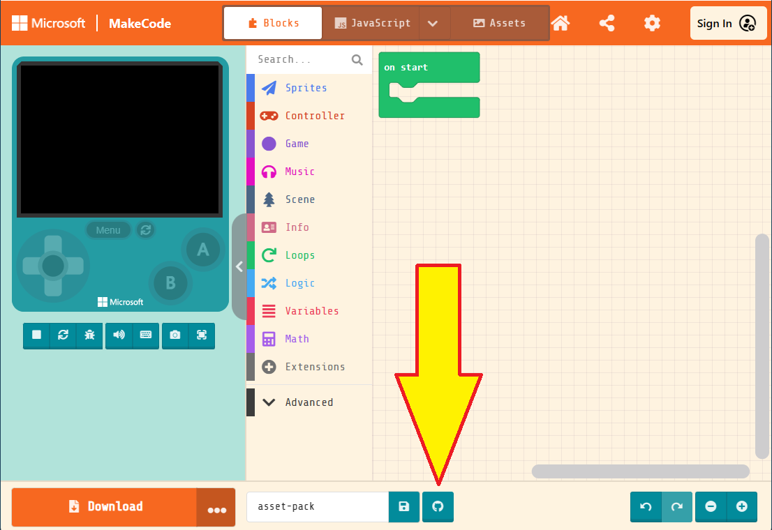 Figure one. Screenshot of MakeCode Arcade with the GitHub logo at the bottom of the screen highlighted.