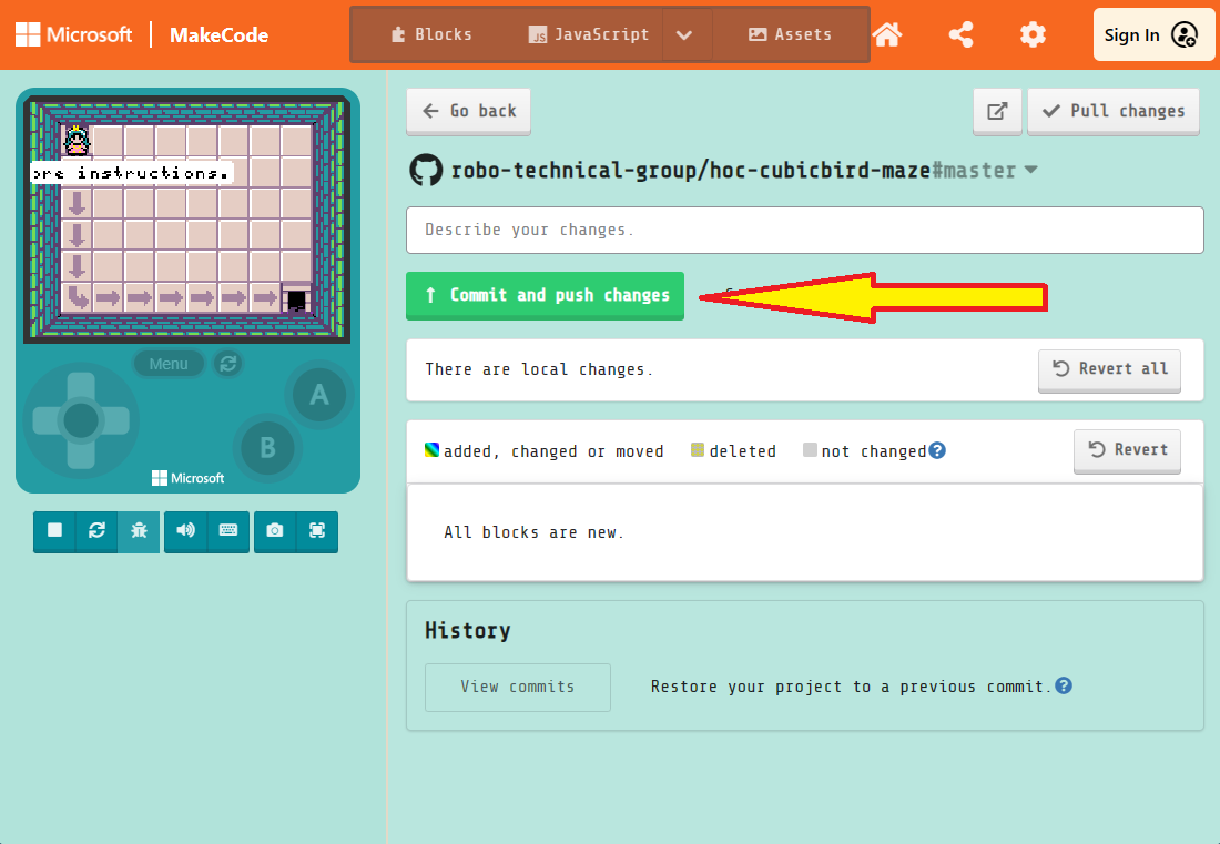 Figure six. Screenshot of MakeCode Arcade showing the GitHub repository management screen. The **Commit and push changes** button is highlighted.