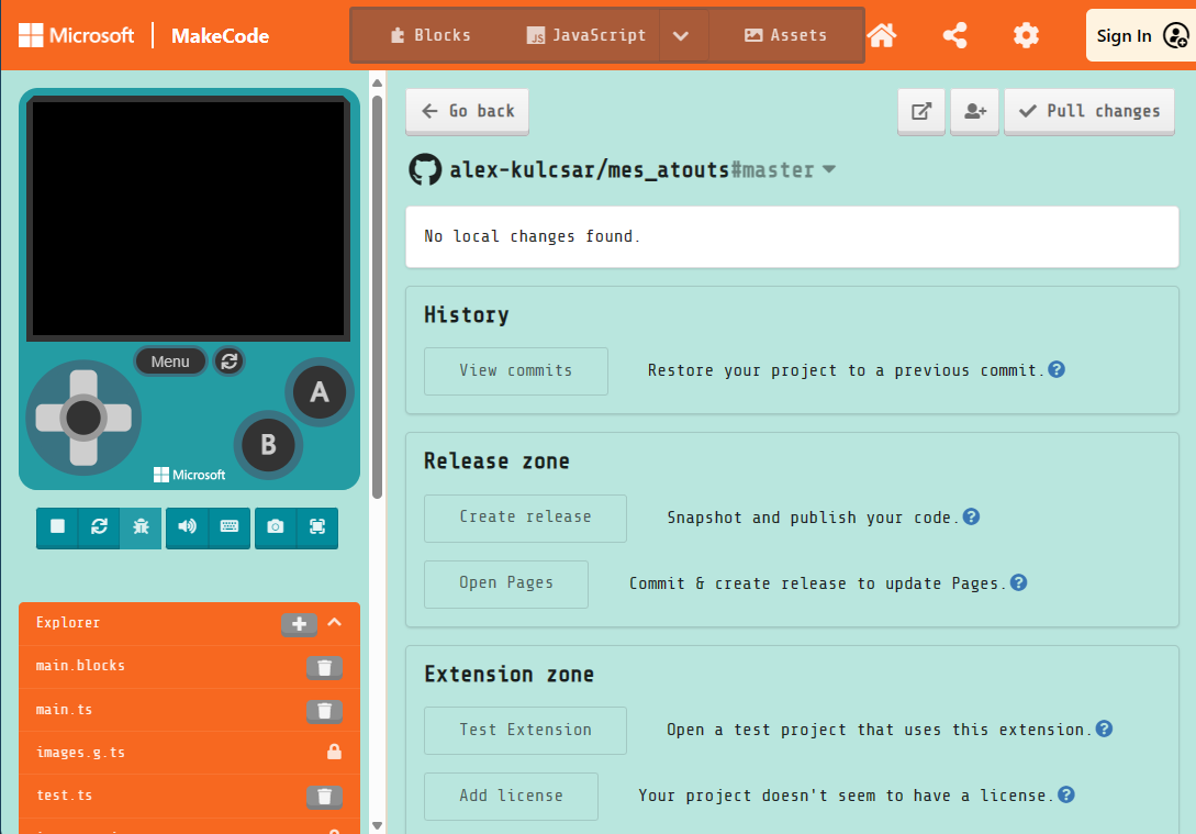 Figure nine. A screenshot of the GitHub repository manager in MakeCode Arcade.