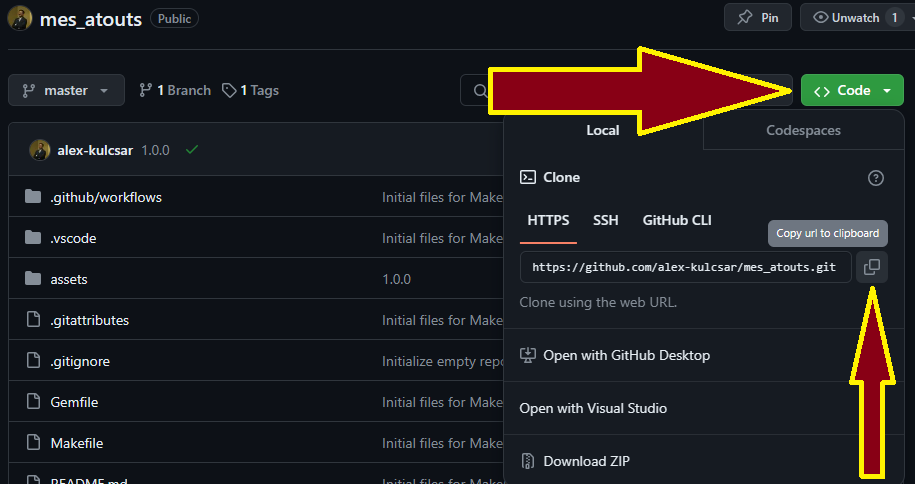 Figure three. Screenshot of the GitHub web site. The **Code** button has been selected, and the button to copy the Git URL is highlighted.